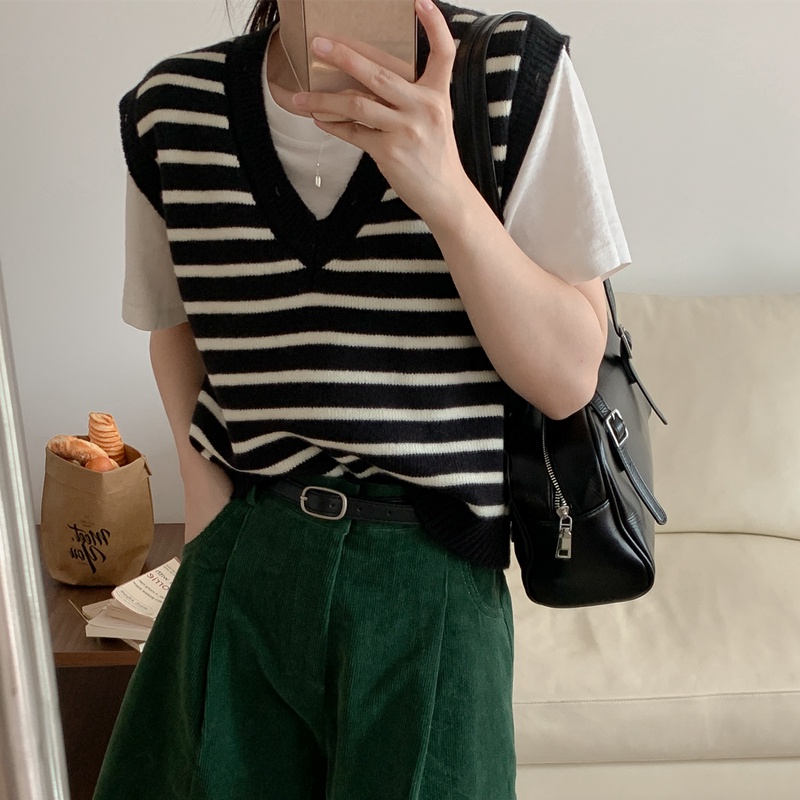 Áo Len Không Tay Cổ Chữ V Họa Tiết Kẻ Sọc Thời Trang Mùa Thu Phong Cách Retro