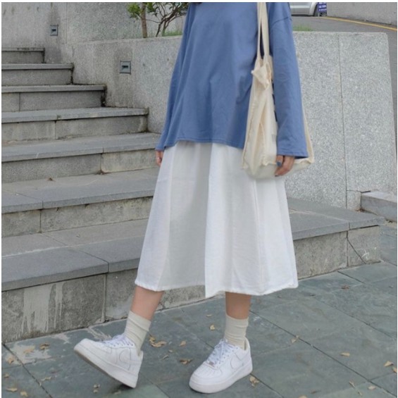Chân váy dài dáng xòe ulzzang, chân váy đũi cạp chun phong cách Hàn Quốc | BigBuy360 - bigbuy360.vn