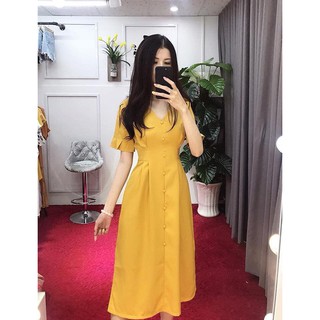 Đầm vintage tay phồng cổ V nút bọc - Hình thật
