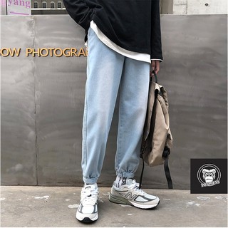 Quần jean jogger nam nữ màu xanh bó gấu xẹc dán lưng chun phong cách Hàn Quốc hot trend 2020