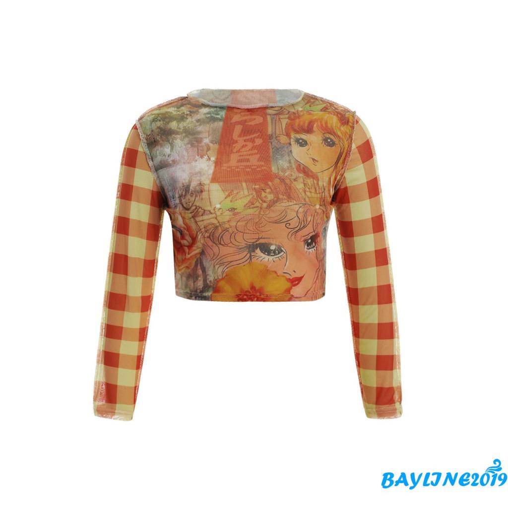 Áo lửng tay dài cổ tròn in hoạt hình hợp thời trang cho nữ