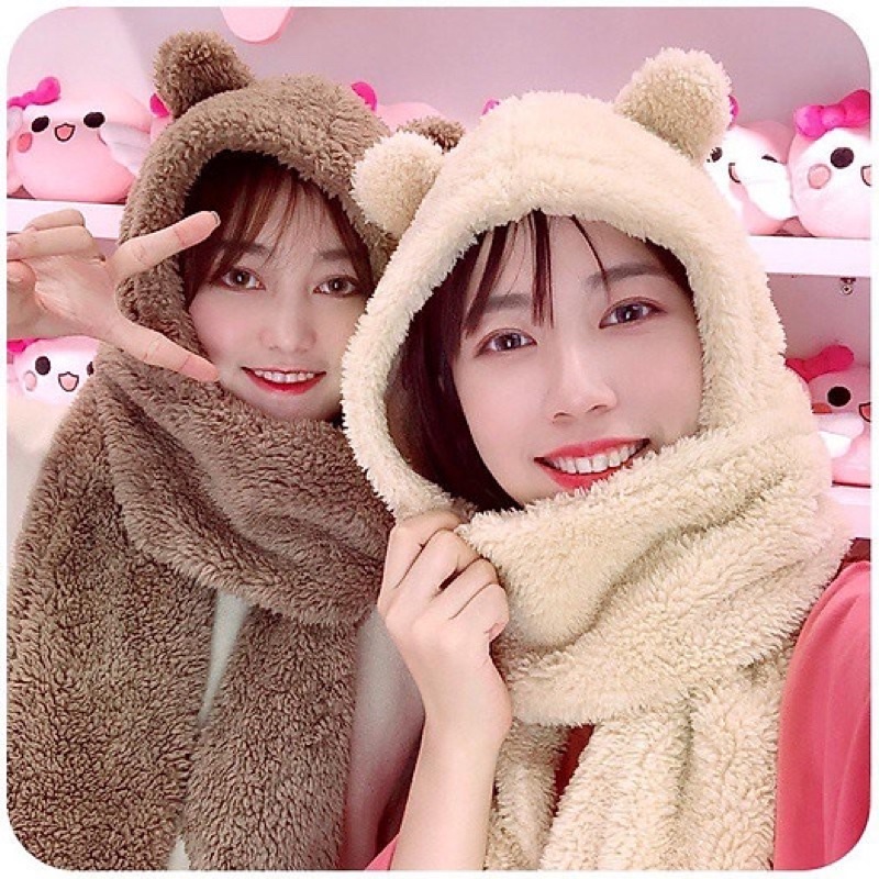 Mũ lông cừu kèm khăn, găng tay siêu ấm áp, đáng yêu