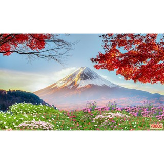 Tranh dán tường 3D phong cảnh núi phú sĩ kt cao 1.5m x 2m chất liệu vải lụa