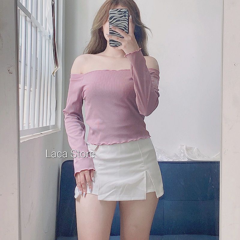 Áo Croptop Gân Cotton Dệt Kim Trễ Vai Dài Tay Ulzzang G2-1,  áo crt croptop bẹt vai cổ thuyền viền bèo quyến rũ