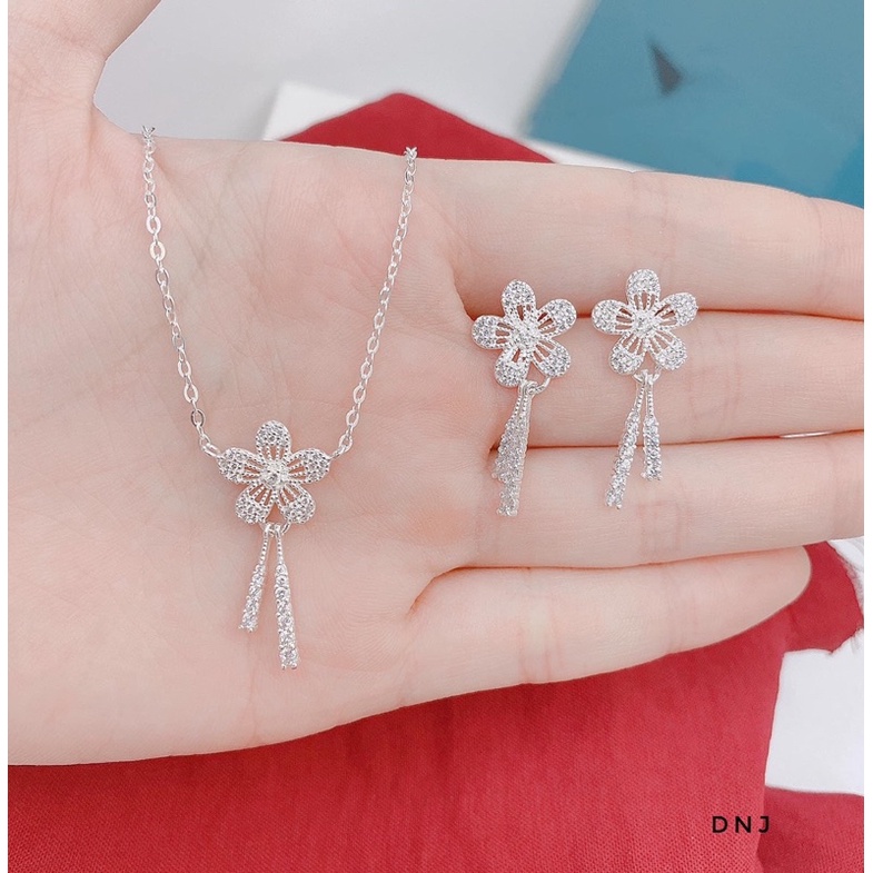 Bộ trang sức nữ bạc ta mặt hoa đính đá dáng dài sang chảnh - Kho sỉ bạc Nhất Linh