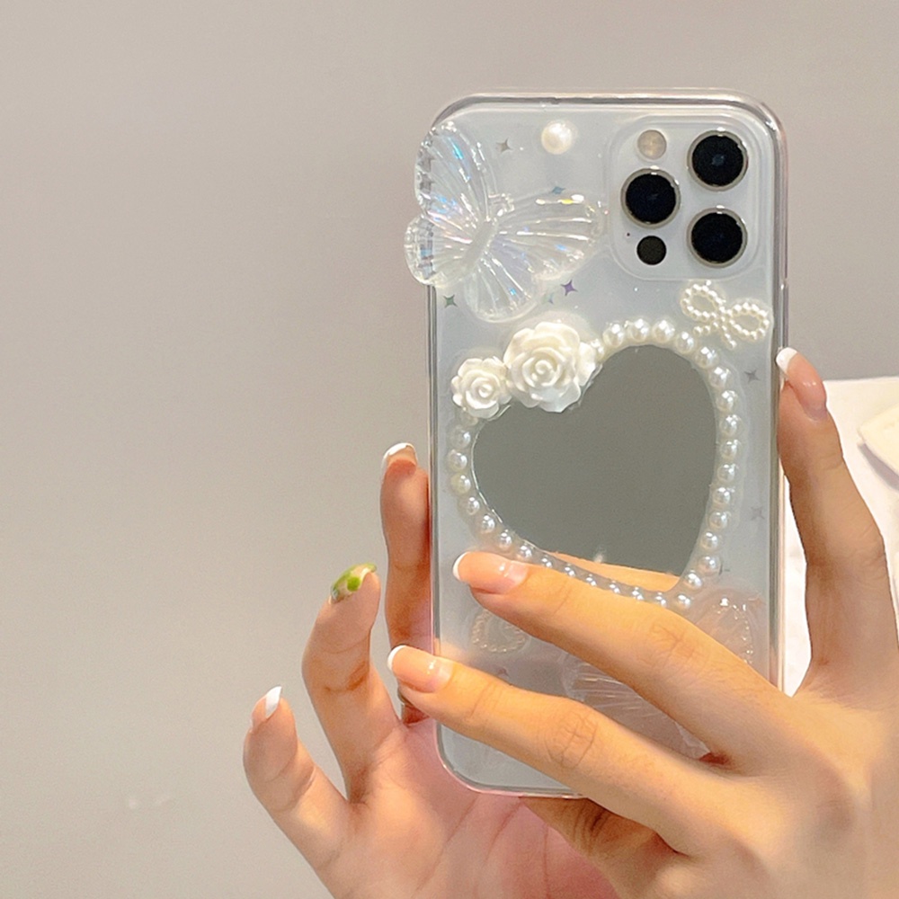 Ốp Điện Thoại TPU Mềm Tích Hợp Gương Trang Điểm Hình Hoa Và Bướm Dành Cho IPhone 14 13 12 11 Pro Max XS XR 8 7 Plus