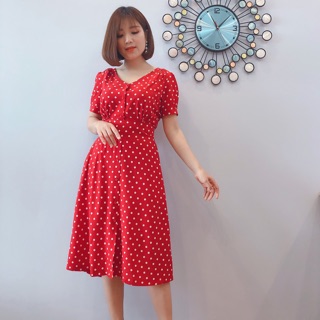 Váy cho con bú chấm bi đỏ có chun sau ND