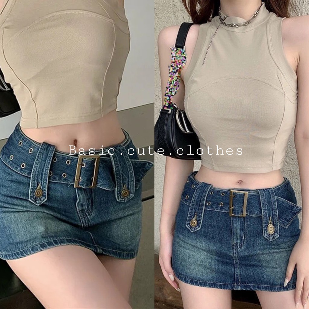 Chân váy jean ngắn body kèm đai và quần bên trong và áo croptop body màu be order | BigBuy360 - bigbuy360.vn