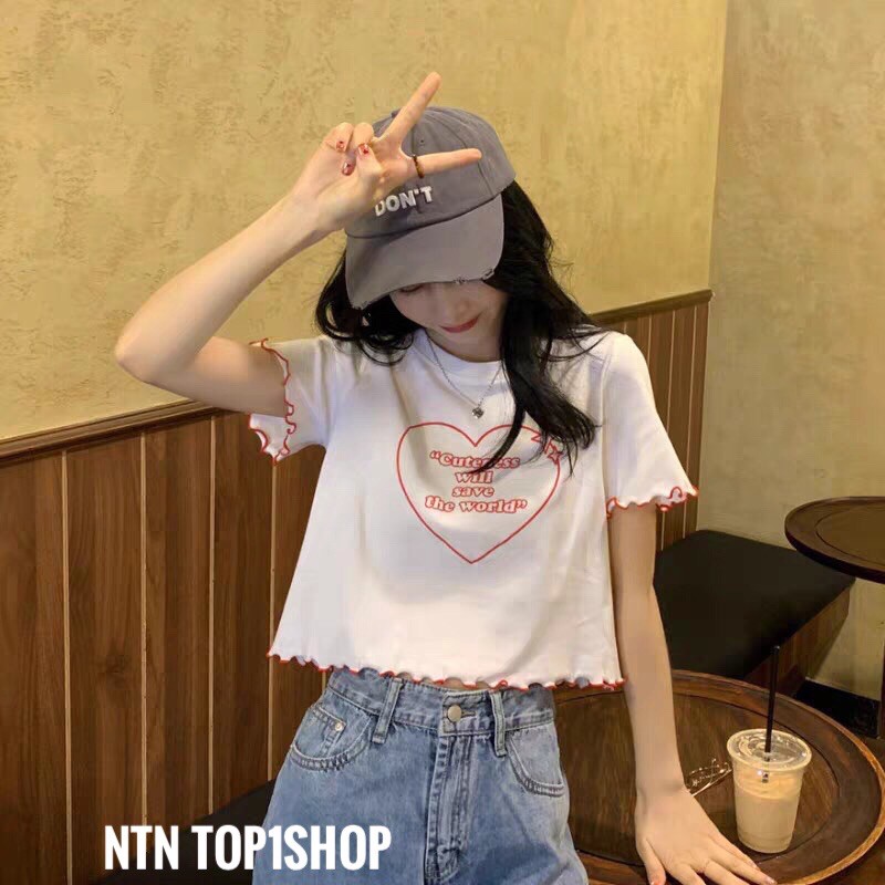 Áo in trái tim Croptop cuốn biên tay và lai (al)
