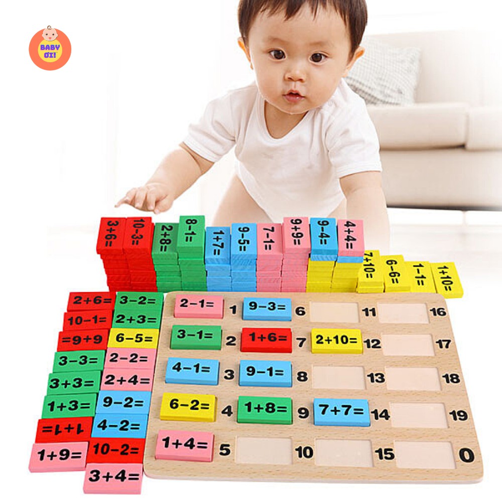 Bộ đồ chơi Domino toán học, set 110 quân cờ bằng gỗ, que tính học cộng trừ nhân chia, giáo dục sớm cho bé