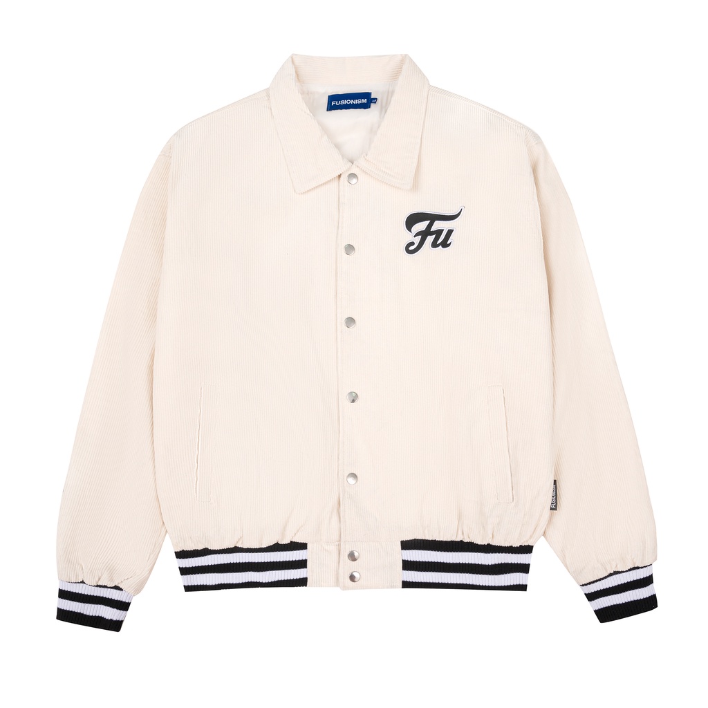 Áo Khoác Jacket Nhung Gân Corduroy Logo Basic Fusionism / Màu Đen - Kem / Unisex Nam Nữ