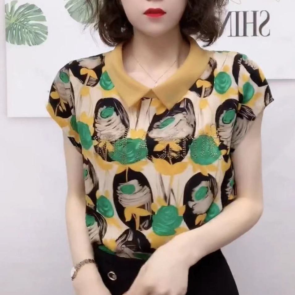 Short-sleeved T-shirt female 2021 summer new style high-end doll collar design, fashionable and thin, large size ladies chiffon shirt