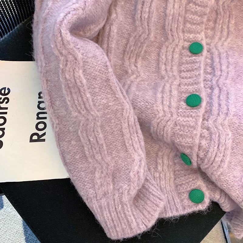 Áo Khoác Cardigan Dệt Kim Tay Dài Họa Tiết Hoa Ba Chiều Màu Tím Ngọt Ngào Thời Trang Mùa Thu Cho Nữ