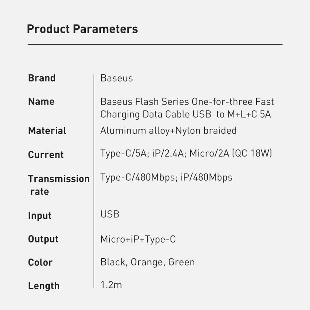 Cáp sạc nhanh 3 đầu Baseus Flash Series 3 in 1 40W (USB to Type-C/ Lightning/ Micro, 5A/40W Quick Charging & Data Cable)