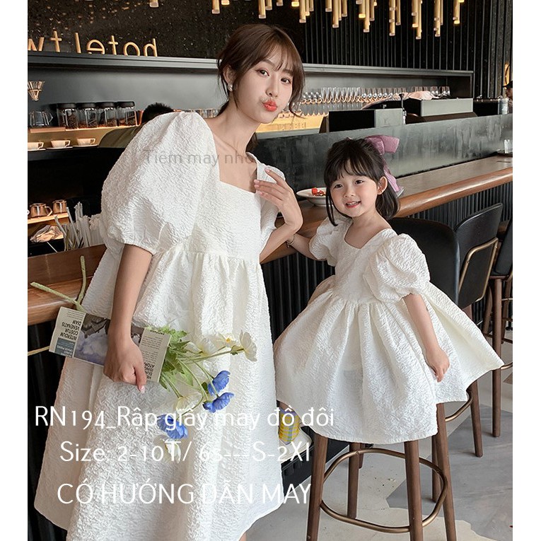 RN194_rập giấy may đầm đôi cổ vuông mẹ và bé