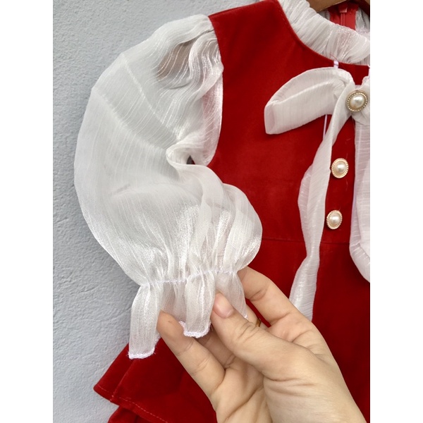 SIZE ĐAI 10-30kg: Váy nhung đỏ 3 cúc xoè cực xinh cho bé gái - VND3C