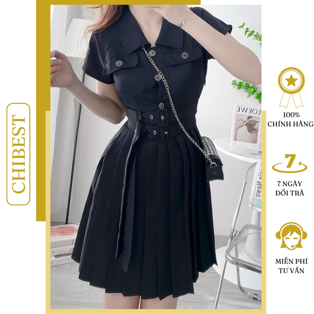 Đầm xếp ly nữ cổ polo tay ngắn phối túi nắp 2 dây đai CHIBEST HDB89