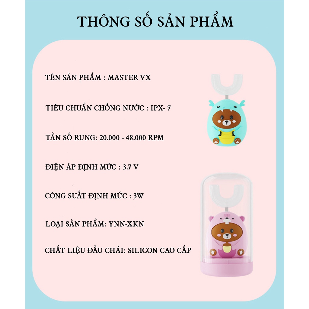 Bàn chải điện cho bé từ 2 tuổi Maser V9, Bàn chải đánh răng điện chữ U silicon an toàn cho bé [TẶNG 01 KEM ĐÁNH RĂNG]