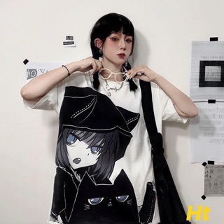 Áo thun hoạt hình chibi cô gái mũ mèo đen