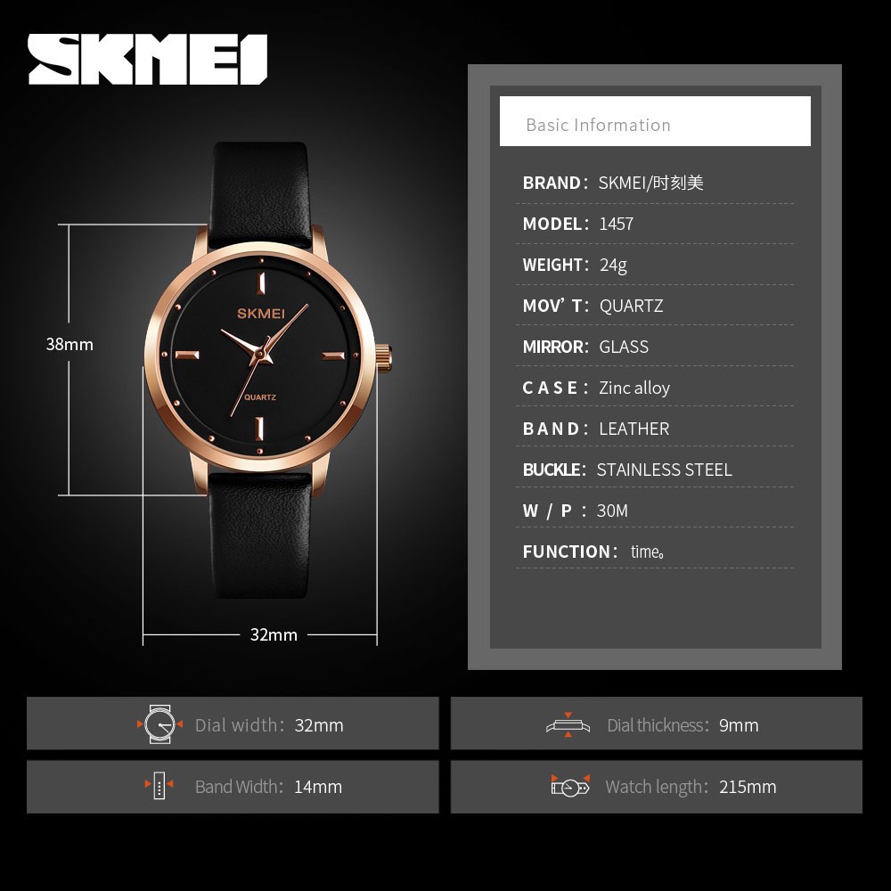 Đồng hồ đeo tay SKMEI 1457 máy thạch anh chống thấm nước màu trơn dây đeo da thời trang cho nữ