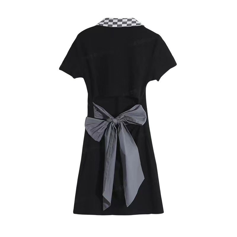 IELGY     Đầm Dáng Chữ A Cổ polo Hở Lưng Thắt Nơ Xinh Xắn