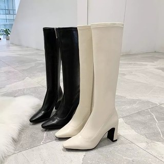 Bốt đùi nữ thời trang Bốt lửng dưới gối da lì khoá kéo cạnh lót lông gót dẹt mũi nhọn 6 phân full box