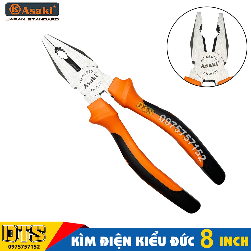 Kìm điện 8 inch kiểu Đức Asaki, kềm răng tổ hợp A+cut Tech thép CR-V siêu cứng chống gỉ sét, cắt tuốt dây đa năng