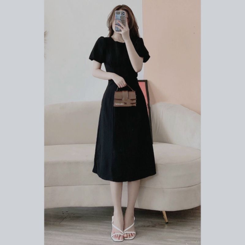 Đầm Dáng Xòe ❤️FREESHIP❤️ Cổ Tròn Tay  Phồng Ngắn Phối Sọc Viền Sang Chảnh