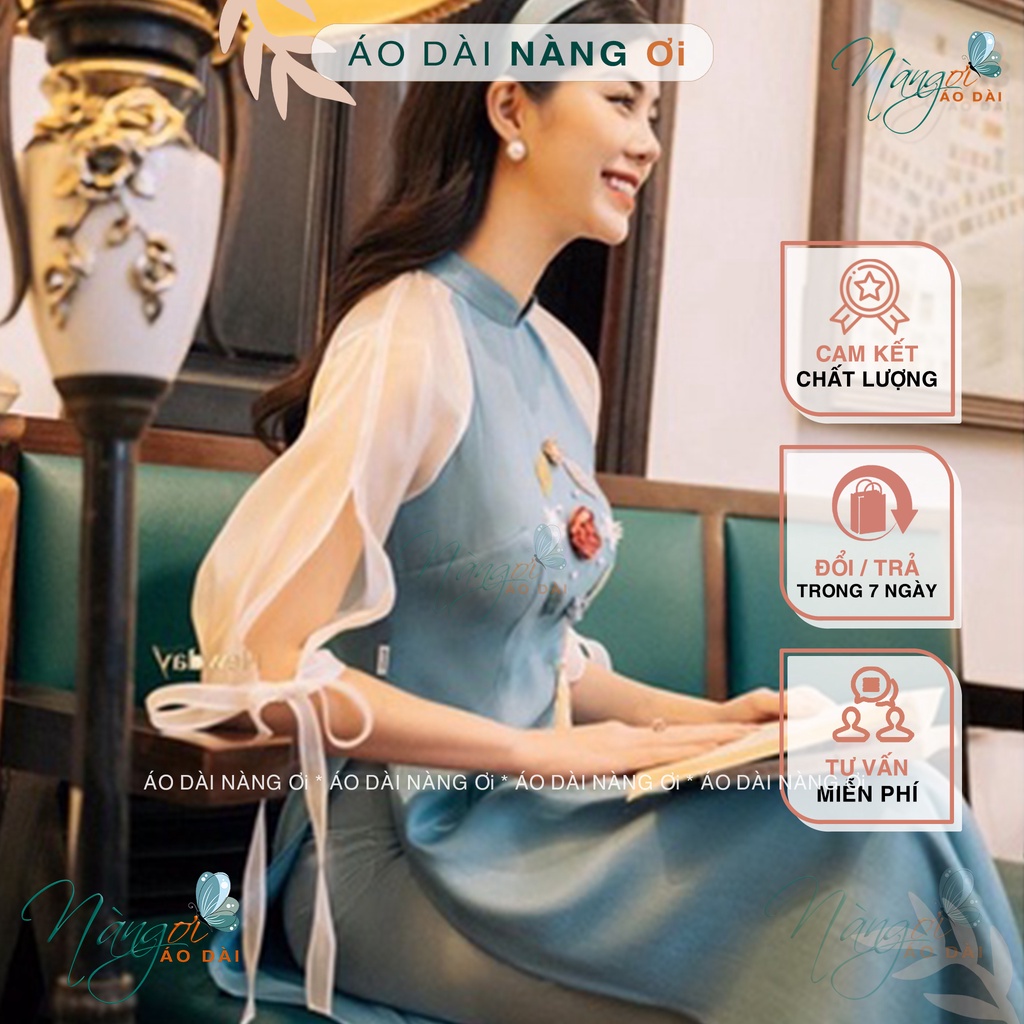 Áo Dài Cách Tân Nữ Dáng Lửng Tay Tơ Lụa Bồng Thân Đính Hoa Lá Cành Đẹp GI021