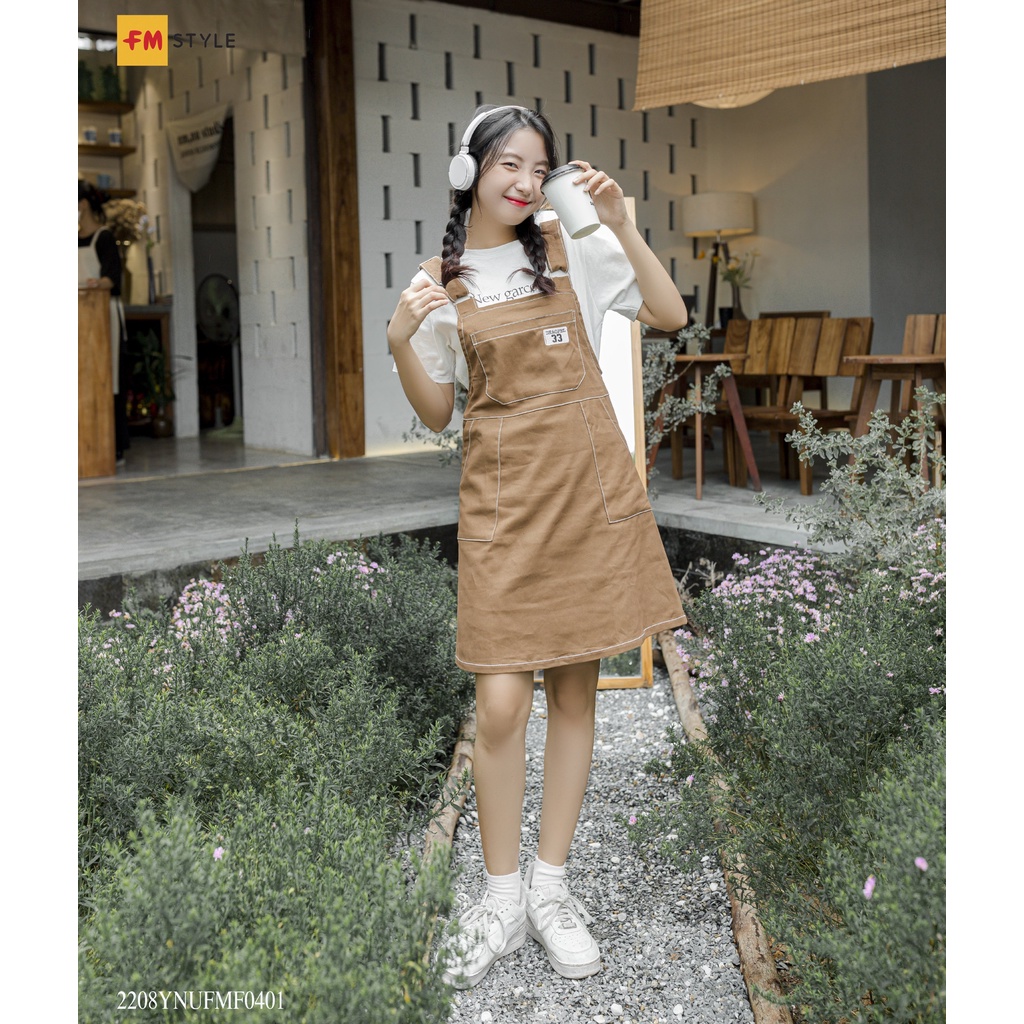 Váy yếm nữ FM Style chất kaki 1 túi thêu hình phối chỉ viền phong cách dễ thương hàn quốc 208040074