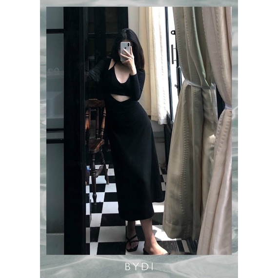 ĐẦM MAXI TAY DÀI HỞ TRƯỚC PHỐI ÁO BRA SEXY