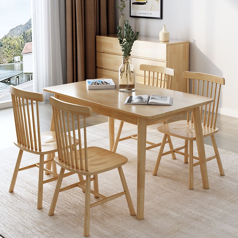 Bộ bàn ghế ăn gỗ nguyên khối Bắc Âu kết hợp hiện đại tối giản cho gia đình nhỏ căn hộ hình chữ nhật nhà hàng