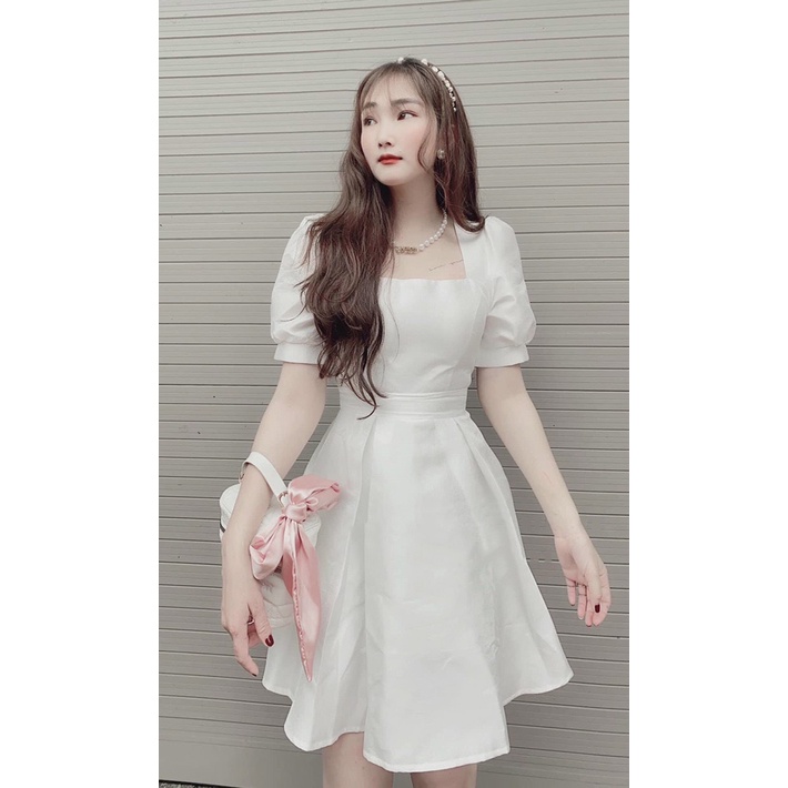Đầm váy nữ dự tiệc trắng cổ vuông tay xòe chất Lụa mịn siêu xinh đẹp QD MT025