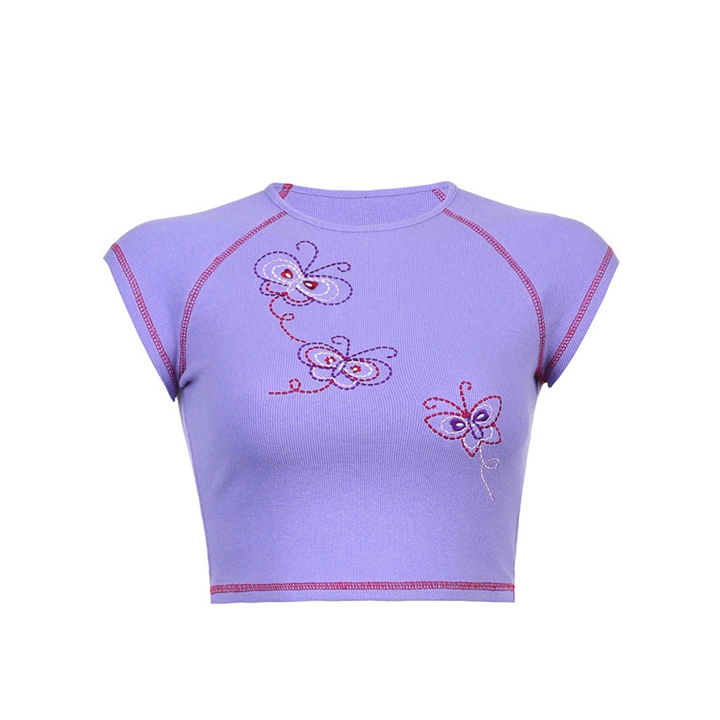 Áo Thun Tay Ngắn Cổ Tròn Thêu Hình Bướm Sáng Tạo Thời Trang Mùa Hè Cho Bé Gái