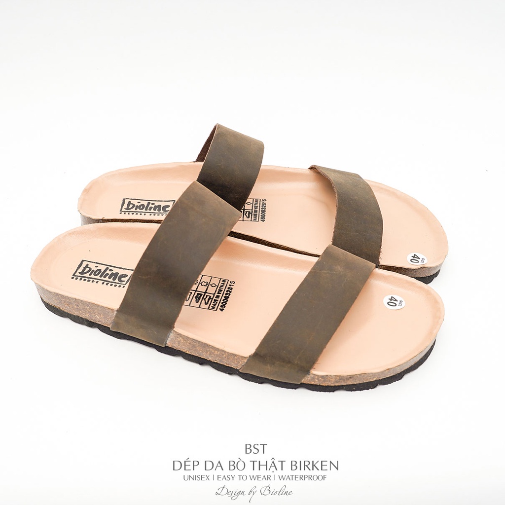 DK18-LÓT CHỐNG NƯỚC- Dép đế trấu Birken da bò thật nam nữ unisex quai ngang, dép công sở, dép da bò Bioline D18