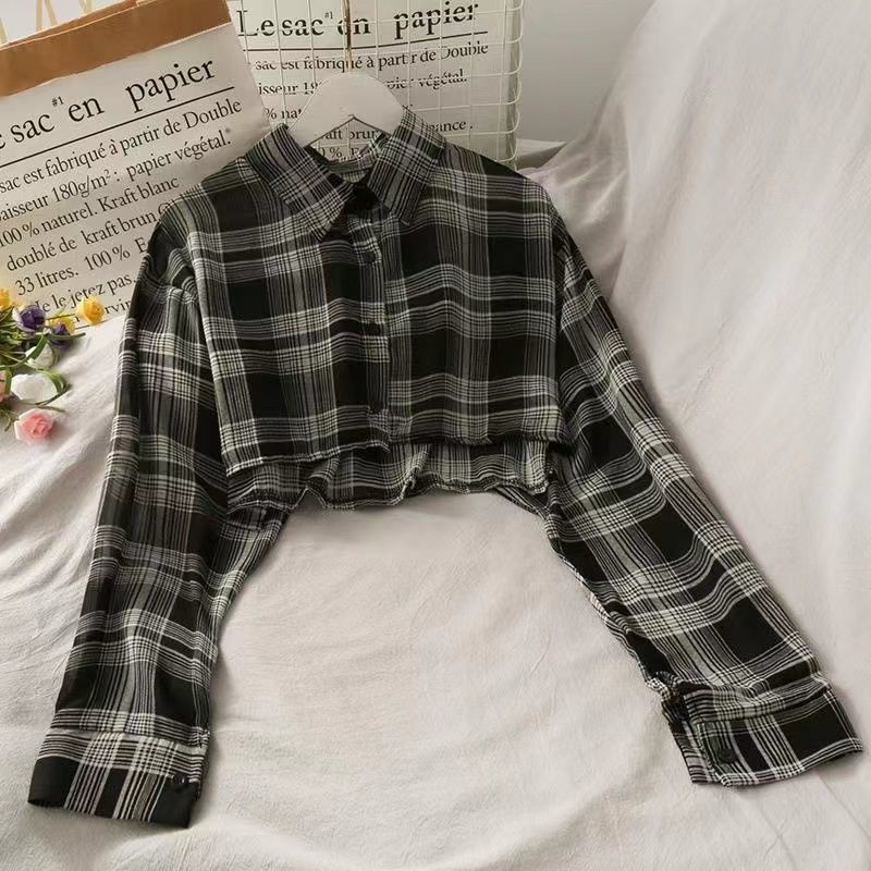Áo Khoác Sơ Mi Ngắn Tay Dài Eo Cao Họa Tiết Kẻ Ô Màu Đen Thời Trang Mùa Thu Dành Cho Nữ