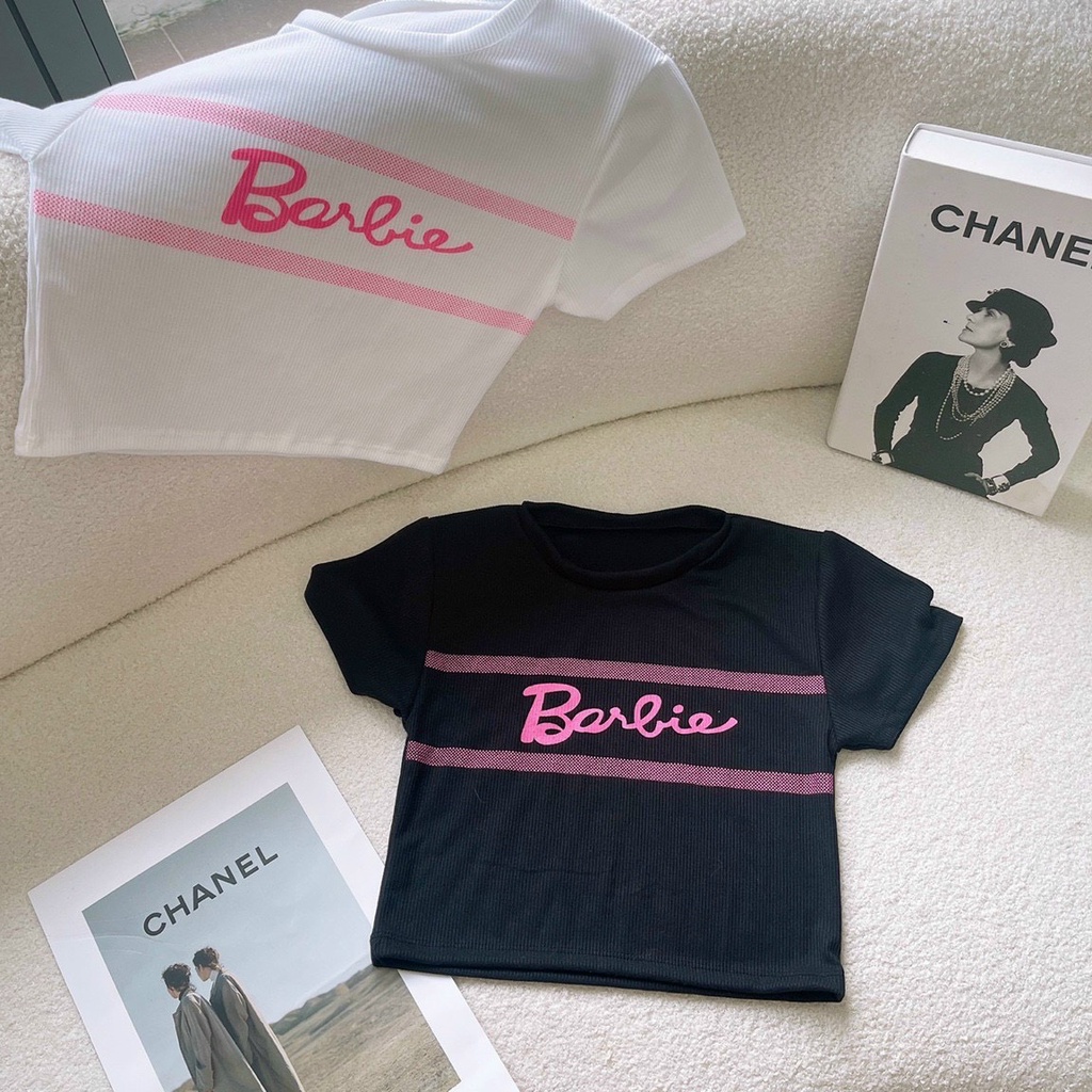 Áo kiểu croptop tay ngắn cổ tròn in chữ babie cực xinh , chất thun gân mềm mịn alohashop91