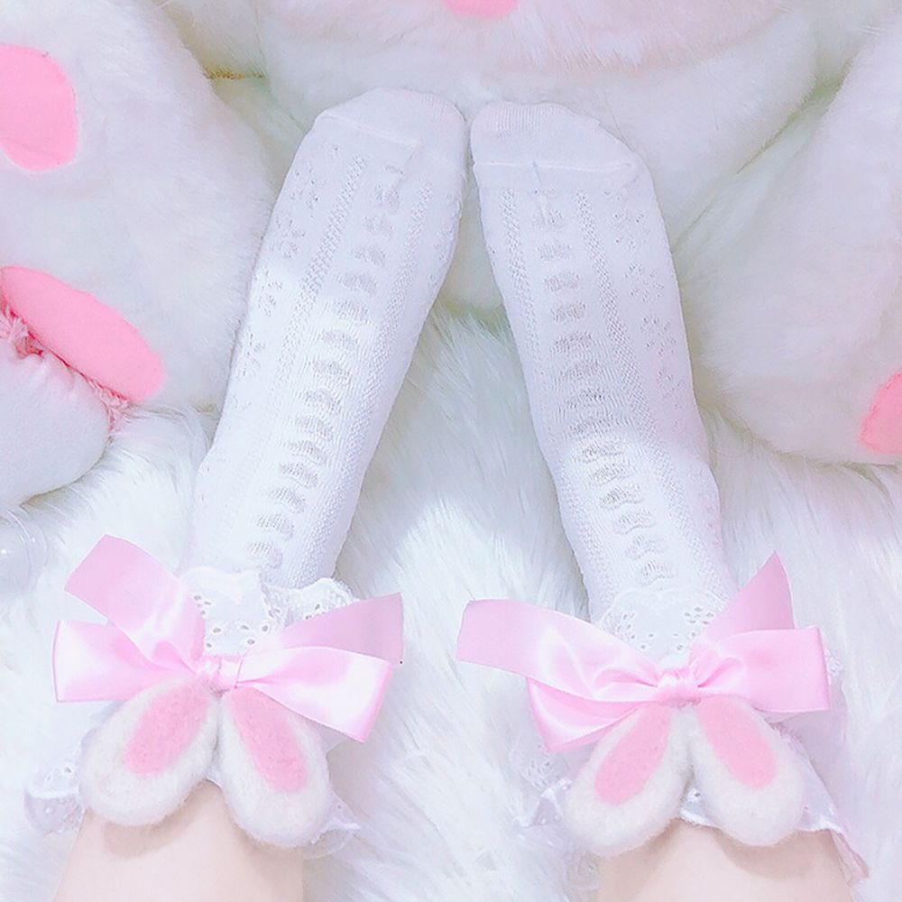 Vớ Lolita phối bèo và ren rỗng hình trái tim trang trí hình tai thỏ thoáng khí mềm mại đáng yêu dành cho bạn nữ