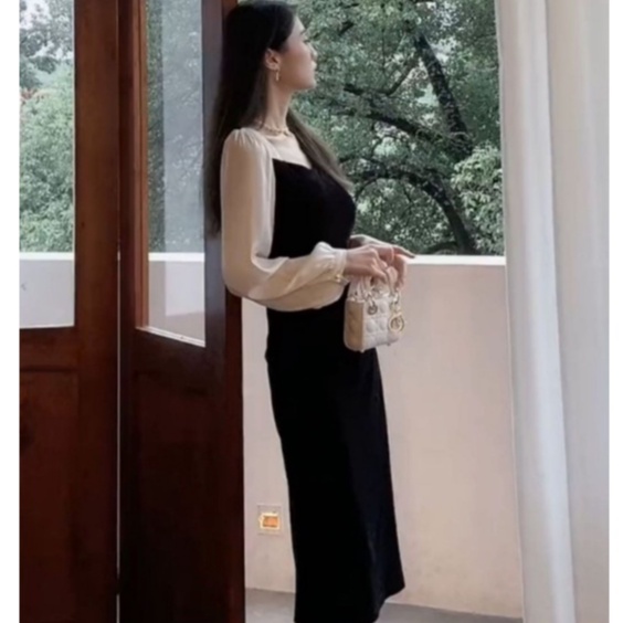 Váy nữ đẹp body nhung dáng dài phối tay voan trắng xẻ tà trẻ trung thanh lịch kiểu dáng Hàn Quốc NITEHY 19