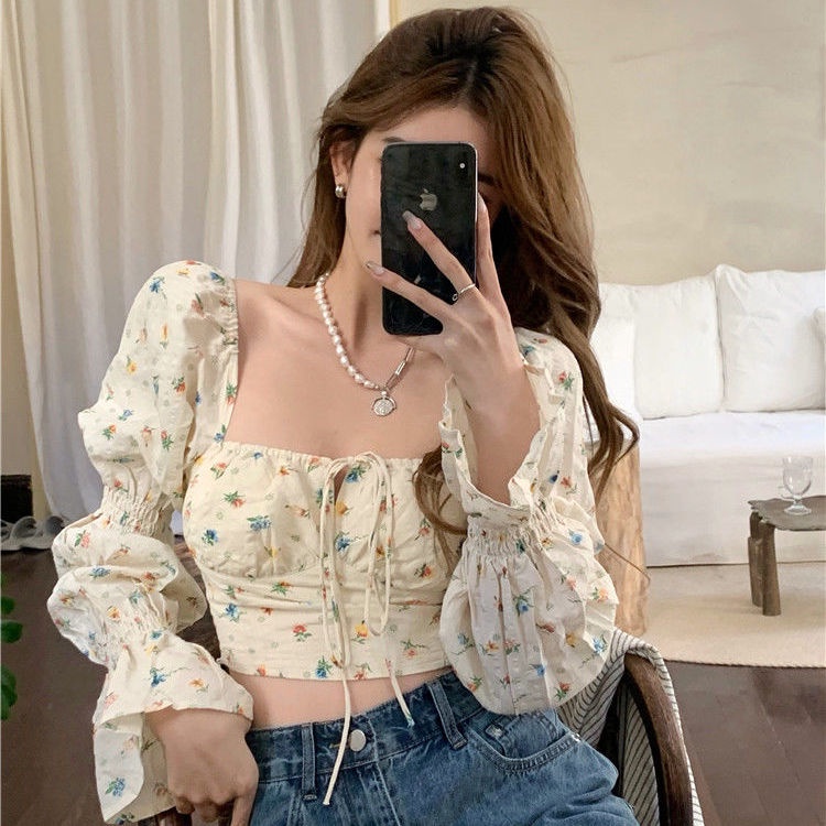 Áo Kiểu Cổ Vuông Họa Tiết Hoa Thời Trang Xuân Hè Dễ Thương Cho Nữ