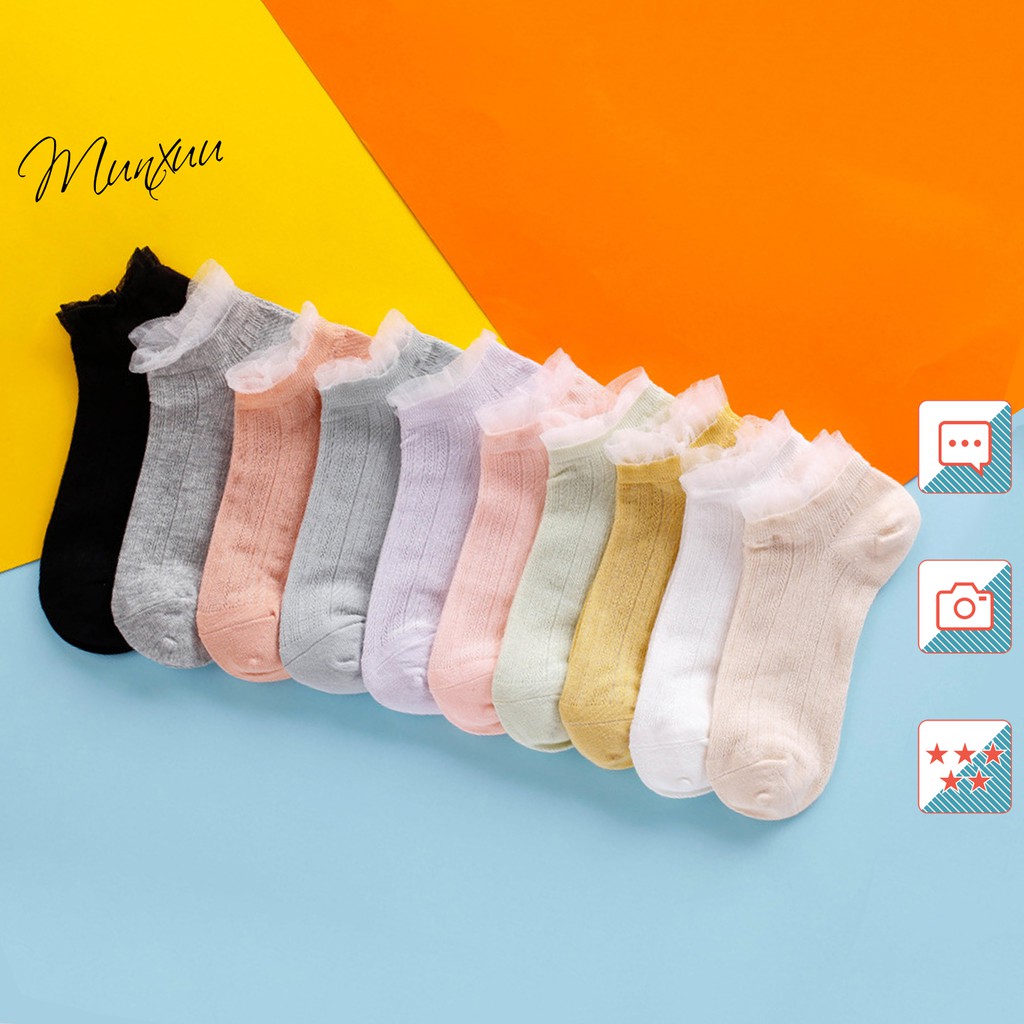 Tất nữ cổ ngắn phối viền bèo tiểu thư chất Cotton co dãn - MUNXUU T06