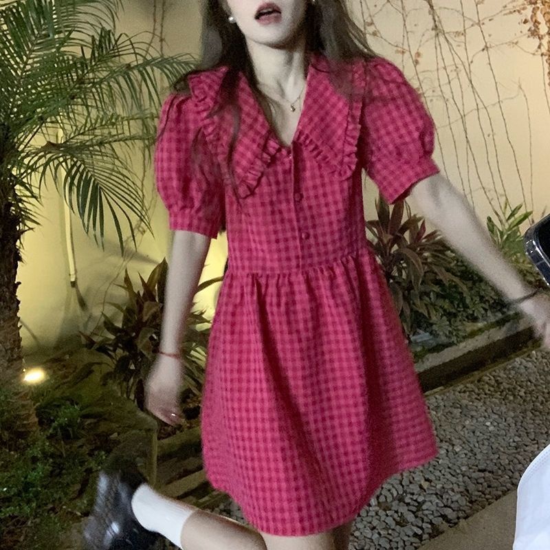 🔥 Đầm Tay Phồng Cổ Búp Bê Họa Tiết Caro Trắng Mùa Hè Eo Cao Tươi Mới Cho Nữ