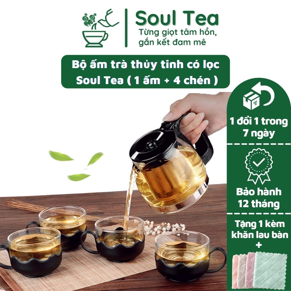 Bộ ấm trà thủy tinh kèm 4 chén có lõi lọc lưới inox dùng để pha trà, cafe và ngâm rượu hoa quả - Soul Tea