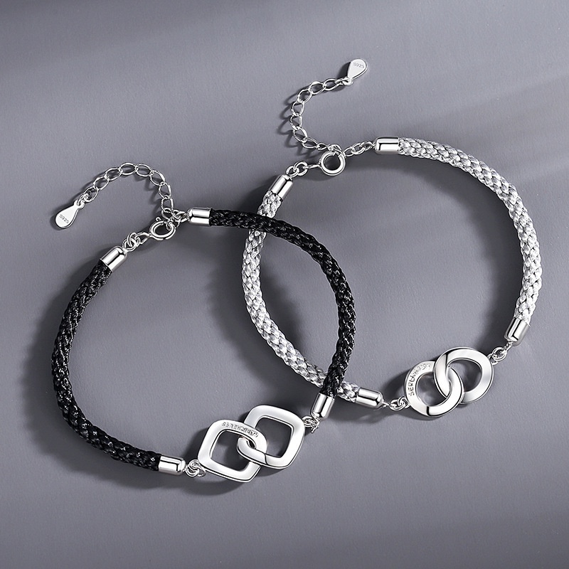 Vòng Tay Dây Bện Phối Nhẫn Kim Cương Phong Cách Hàn Quốc Cho Cặp Đôi