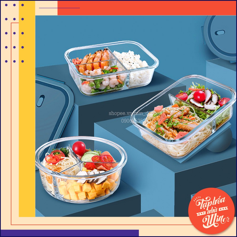 Hộp thủy tinh 3 ngăn 960ml / Hộp thủy tinh tròn 660ml 1 ngăn Yeahcook Glass Lunch Box