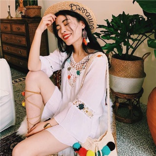 (Sẵn) Áo váy Bohemian trắng chất đũi mềm nhẹ (hàng Quảng Châu)