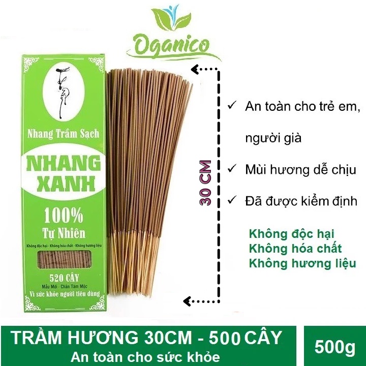 Nhang xanh trầm hương sạch thảo mộc tự nhiên không hóa chất ít khói không cuốn tàn Hộp 500 cây dài 30cm OGANICO 7
