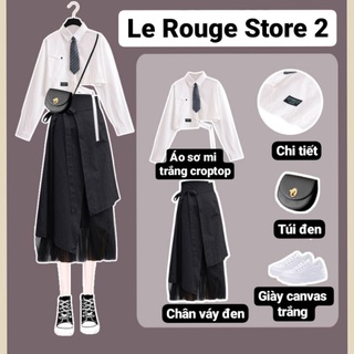 (ORDER) Set áo sơ mi trắng NGẮN TAY mùa hè cà vạt kẻ croptop + chân váy tầng vạt chéo ren đen công chúa (ảnh thật)