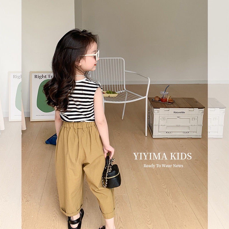 Set Áo Thun Sọc Ngang + Quần Yếm Phong Cách Hàn Quốc Cho Bé Gái