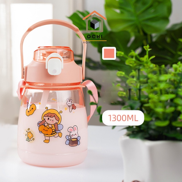 Bình đựng nước có ống hút dễ thương, dây đeo chống tràn 1.3L